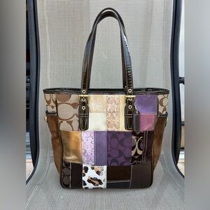 COACH Vintage Y2K Patchwork Multicolor Black Purple Animal Tote Holiday Bag Auth